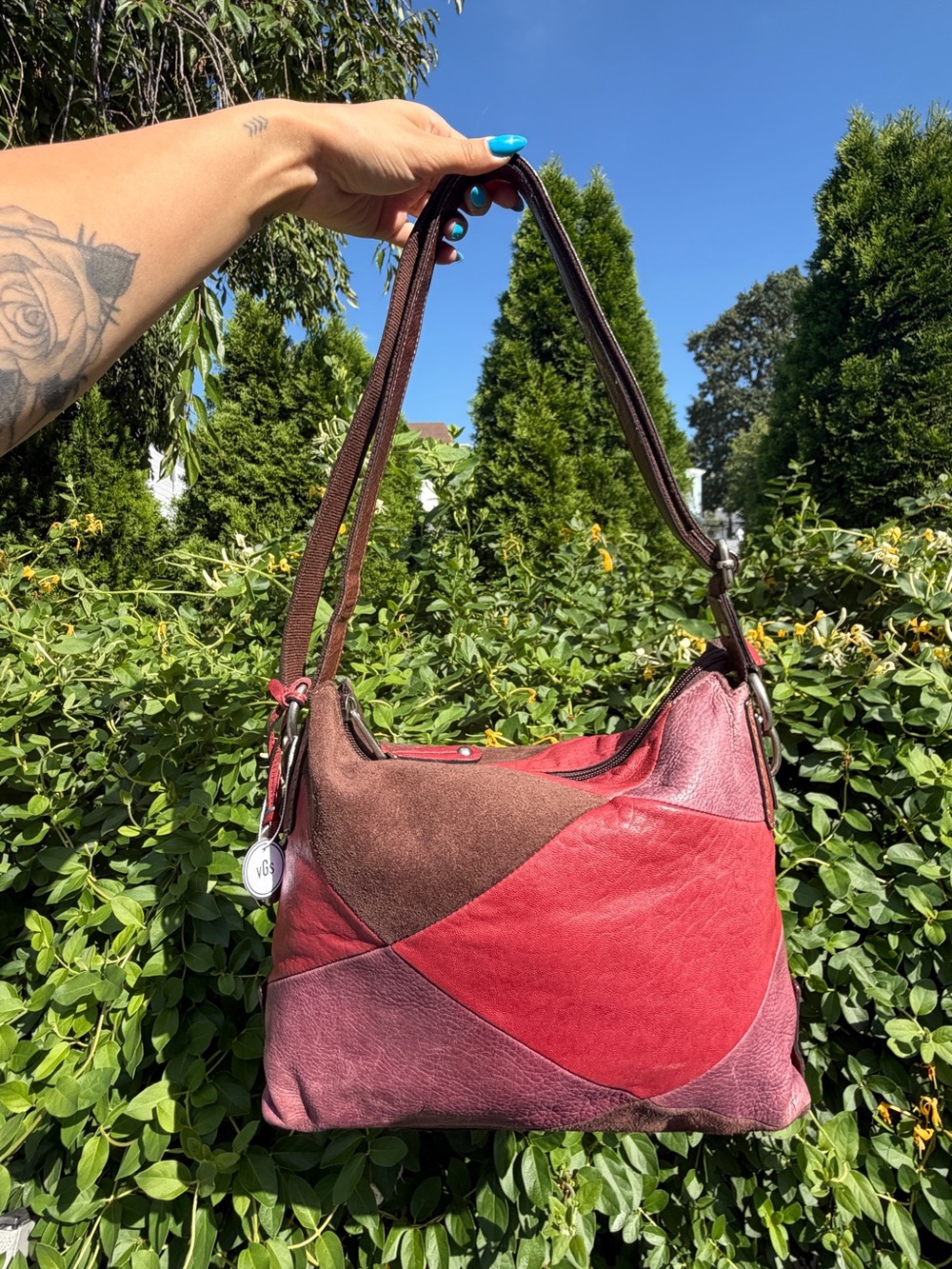 Vintage Fossil Y2K Red Burgundy Patchwork Leather Suede Hobo Shoulder Bag